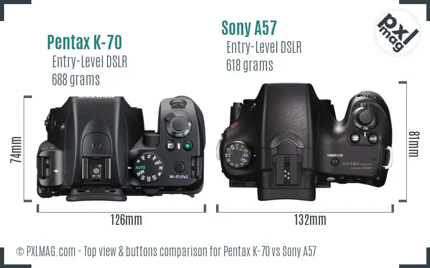Pentax K-70 vs Sony A57 top view buttons comparison