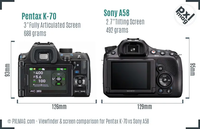 Pentax K-70 vs Sony A58 Screen and Viewfinder comparison