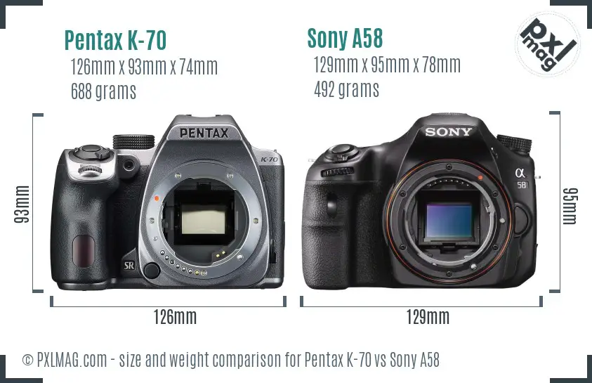 Pentax K-70 vs Sony A58 size comparison