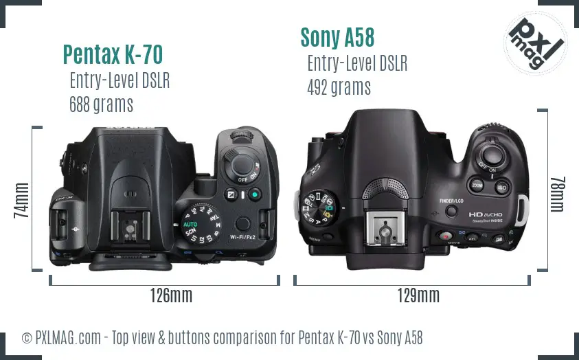 Pentax K-70 vs Sony A58 top view buttons comparison