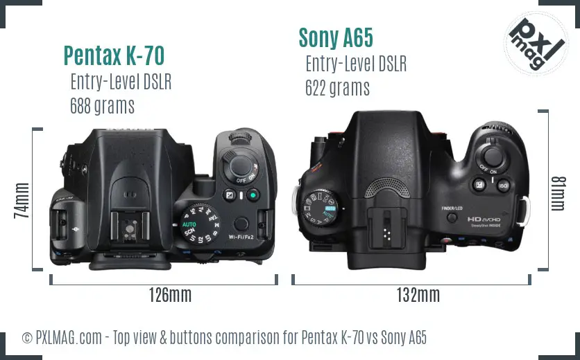 Pentax K-70 vs Sony A65 top view buttons comparison
