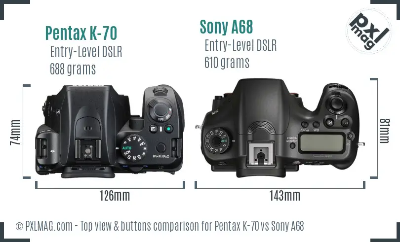 Pentax K-70 vs Sony A68 top view buttons comparison