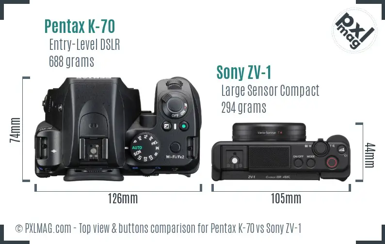 Pentax K-70 vs Sony ZV-1 top view buttons comparison