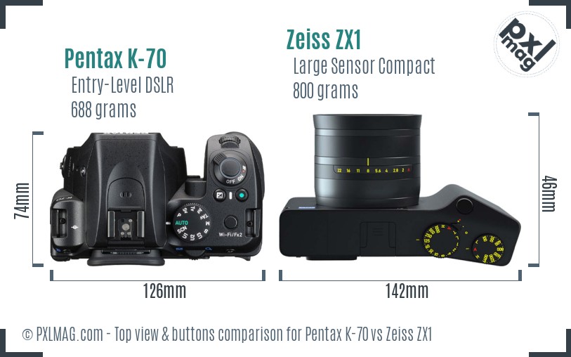 Pentax K-70 vs Zeiss ZX1 top view buttons comparison