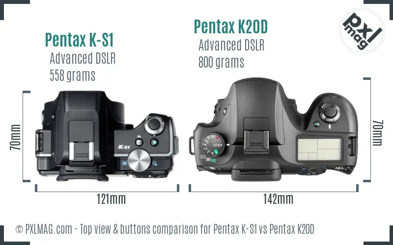Pentax K-S1 vs Pentax K20D top view buttons comparison