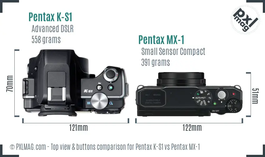 Pentax K-S1 vs Pentax MX-1 top view buttons comparison