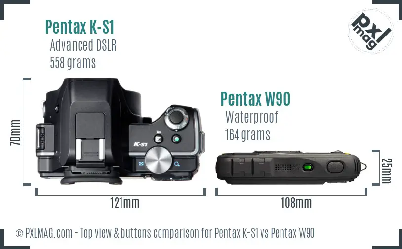 Pentax K-S1 vs Pentax W90 top view buttons comparison