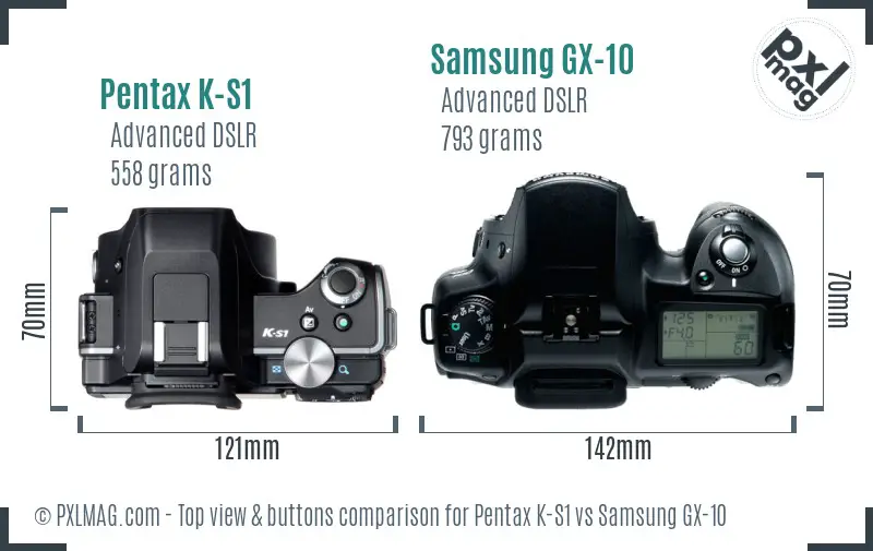 Pentax K-S1 vs Samsung GX-10 top view buttons comparison