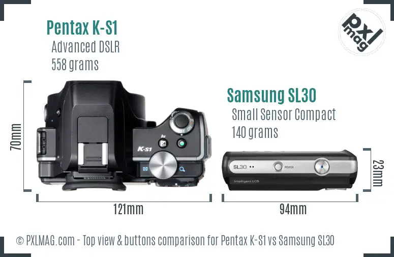 Pentax K-S1 vs Samsung SL30 top view buttons comparison