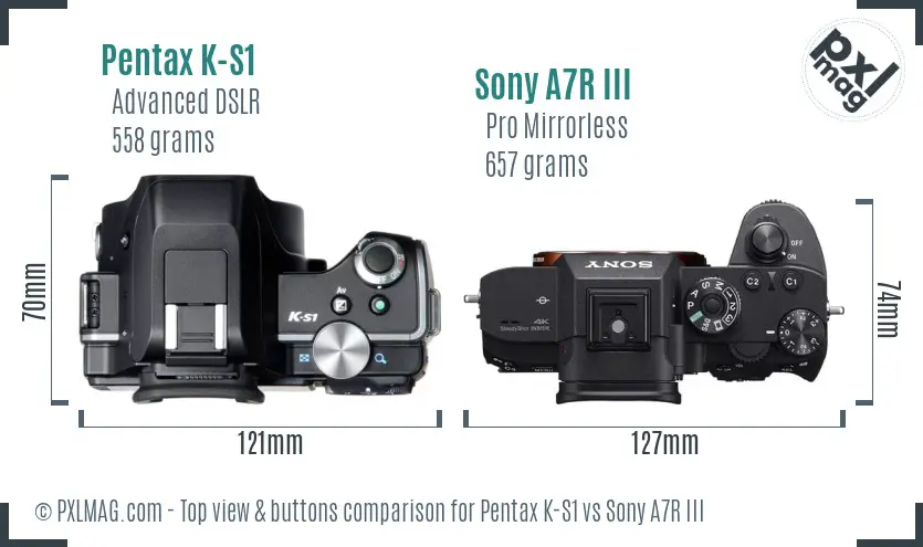 Pentax K-S1 vs Sony A7R III top view buttons comparison Pentax K-S1 vs Sony A7R III top view buttons comparison