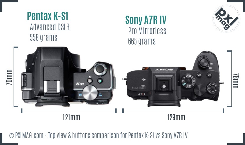 Pentax K-S1 vs Sony A7R IV top view buttons comparison