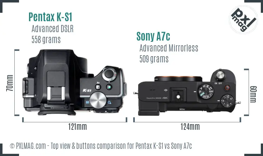 Pentax K-S1 vs Sony A7c top view buttons comparison