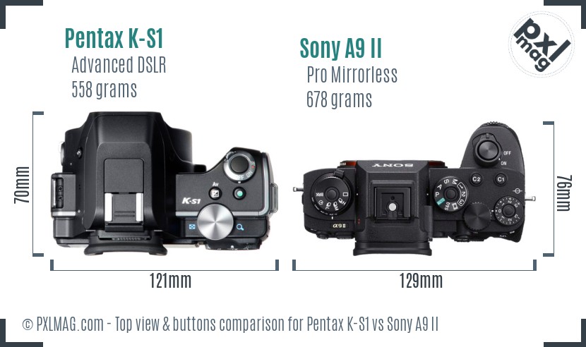 Pentax K-S1 vs Sony A9 II top view buttons comparison