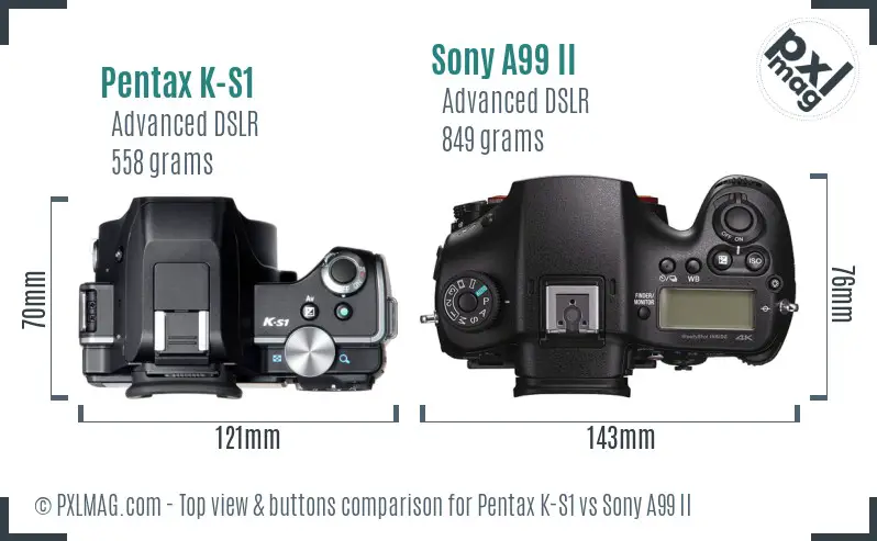 Pentax K-S1 vs Sony A99 II top view buttons comparison