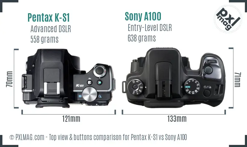 Pentax K-S1 vs Sony A100 top view buttons comparison