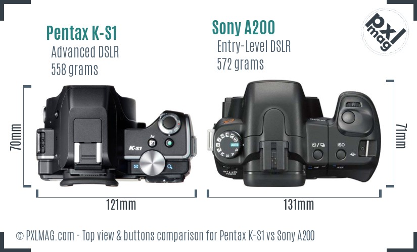 Pentax K-S1 vs Sony A200 top view buttons comparison