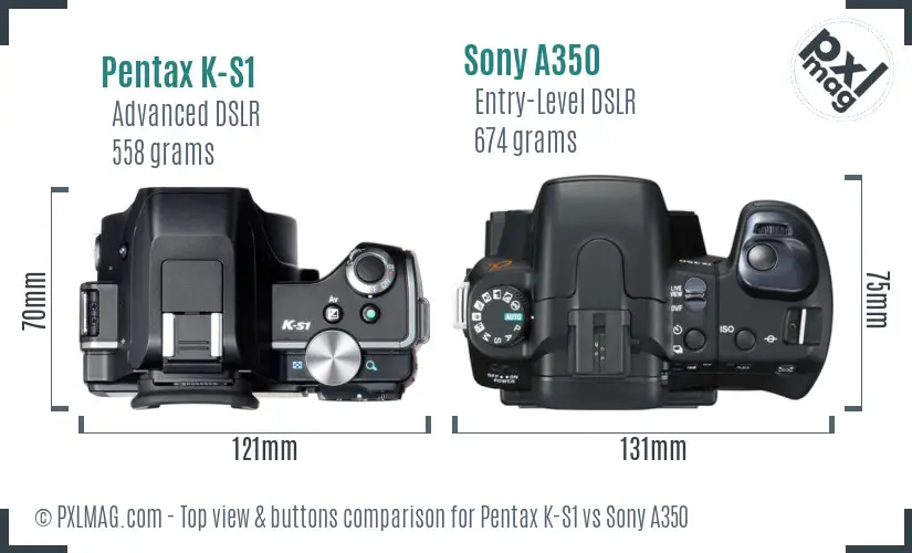 Pentax K-S1 vs Sony A350 top view buttons comparison Pentax K-S1 vs Sony A350 top view buttons comparison