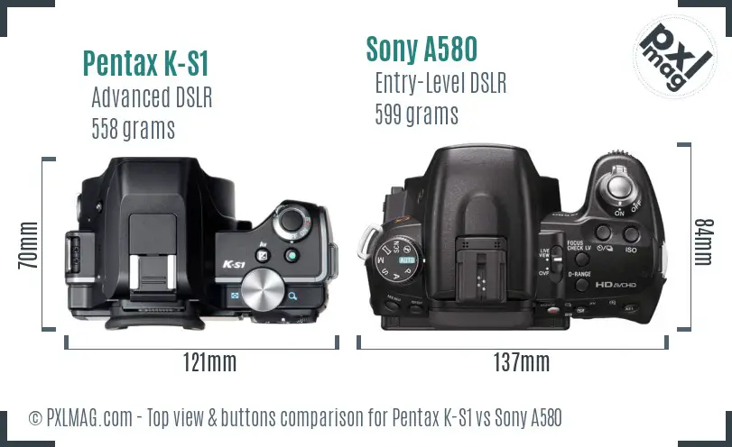 Pentax K-S1 vs Sony A580 top view buttons comparison