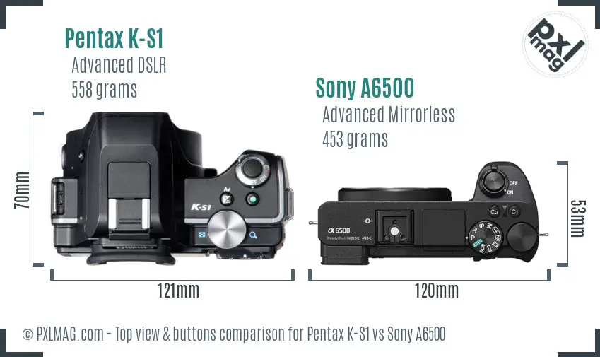 Pentax K-S1 vs Sony A6500 top view buttons comparison