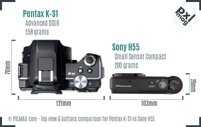 Pentax K-S1 vs Sony H55 top view buttons comparison Pentax K-S1 vs Sony H55 top view buttons comparison