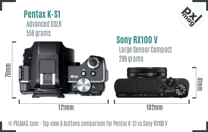 Pentax K-S1 vs Sony RX100 V top view buttons comparison Pentax K-S1 vs Sony RX100 V top view buttons comparison