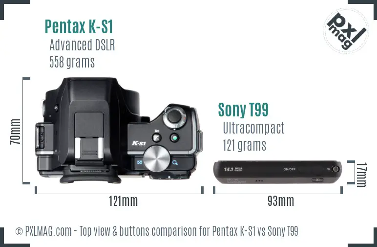 Pentax K-S1 vs Sony T99 top view buttons comparison