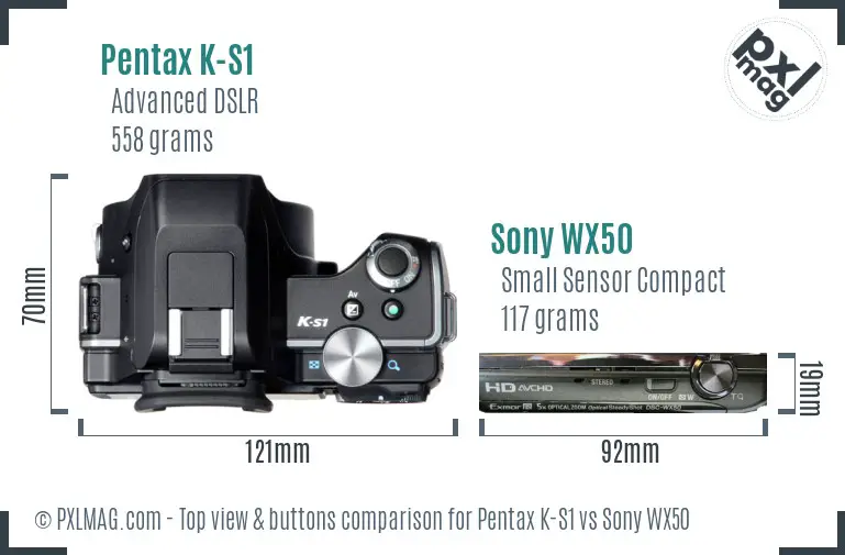 Pentax K-S1 vs Sony WX50 top view buttons comparison