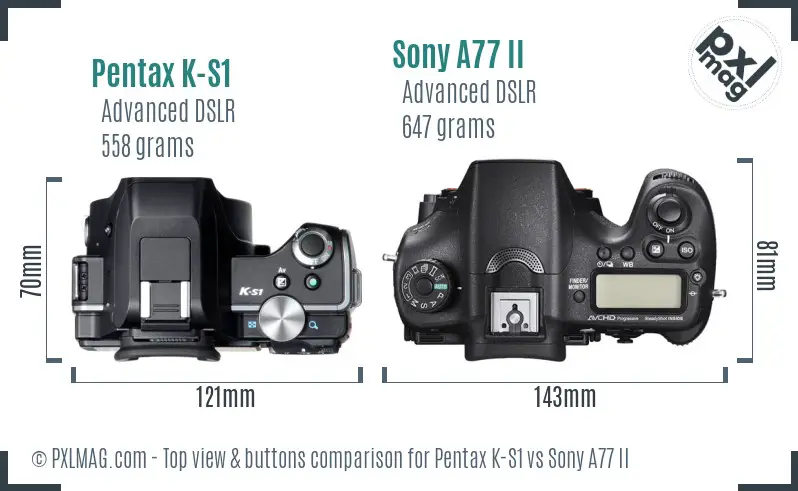 Pentax K-S1 vs Sony A77 II top view buttons comparison