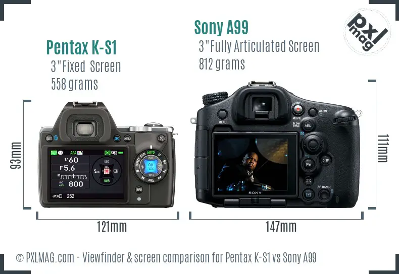 Pentax K-S1 vs Sony A99 Screen and Viewfinder comparison