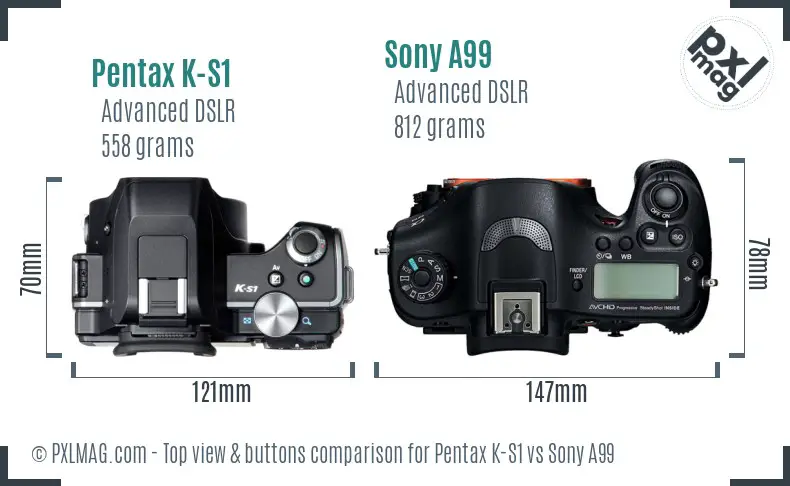 Pentax K-S1 vs Sony A99 top view buttons comparison