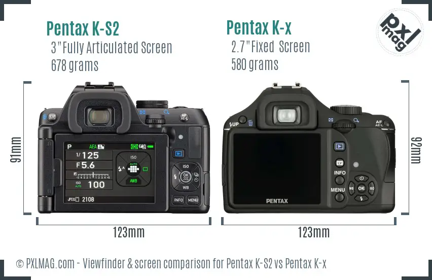 Pentax K-S2 vs Pentax K-x Screen and Viewfinder comparison