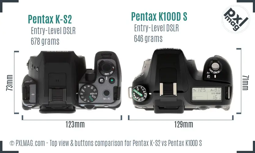 Pentax K-S2 vs Pentax K100D S top view buttons comparison