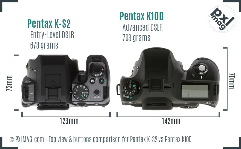 Pentax K-S2 vs Pentax K10D top view buttons comparison