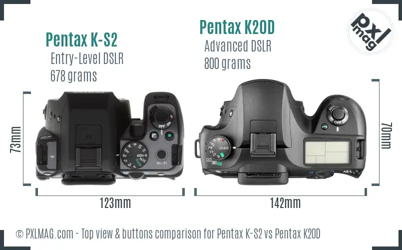 Pentax K-S2 vs Pentax K20D top view buttons comparison