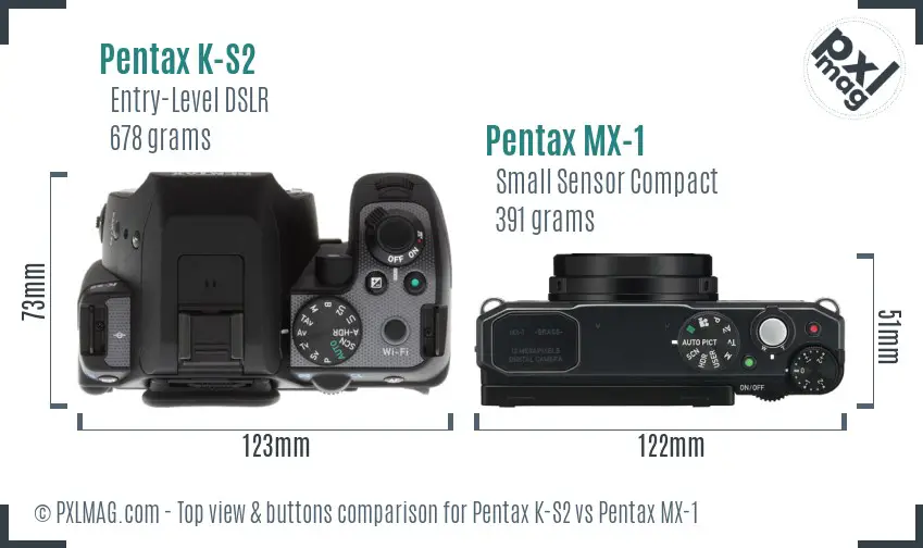 Pentax K-S2 vs Pentax MX-1 top view buttons comparison