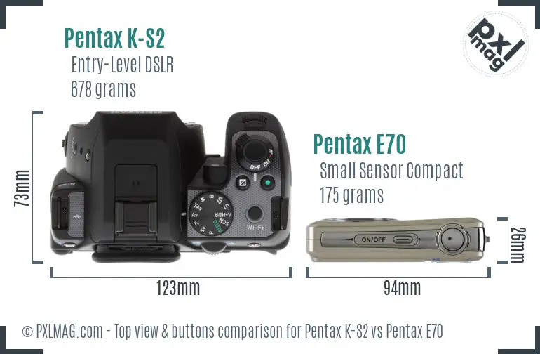 Pentax K-S2 vs Pentax E70 top view buttons comparison