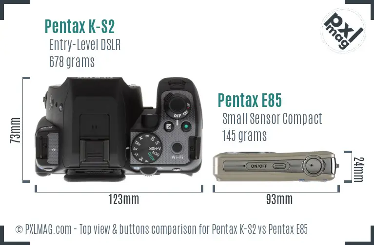 Pentax K-S2 vs Pentax E85 top view buttons comparison