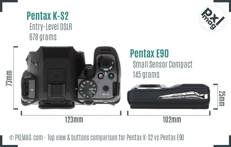 Pentax K-S2 vs Pentax E90 top view buttons comparison