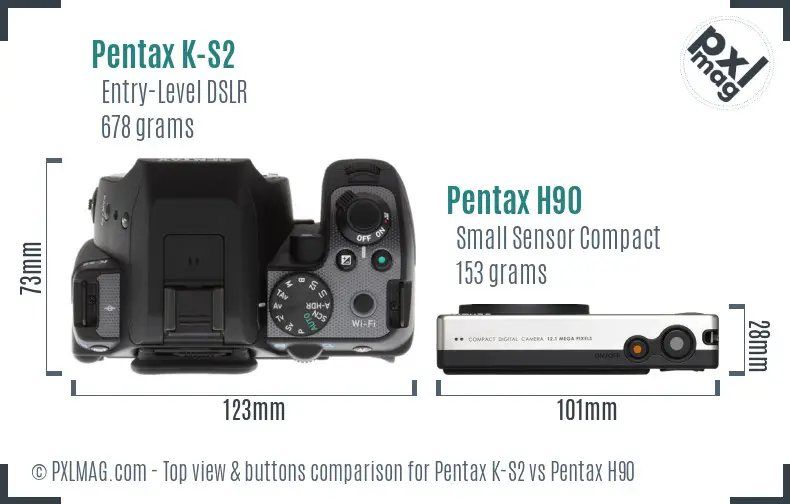 Pentax K-S2 vs Pentax H90 top view buttons comparison