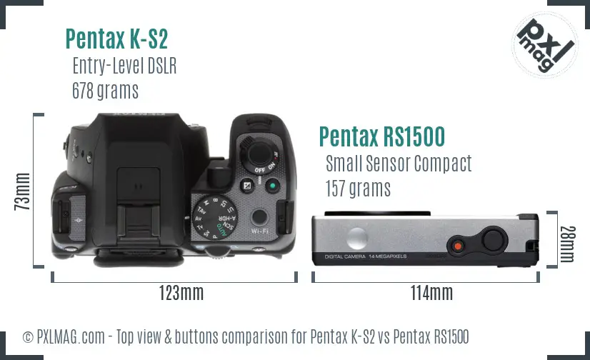 Pentax K-S2 vs Pentax RS1500 top view buttons comparison
