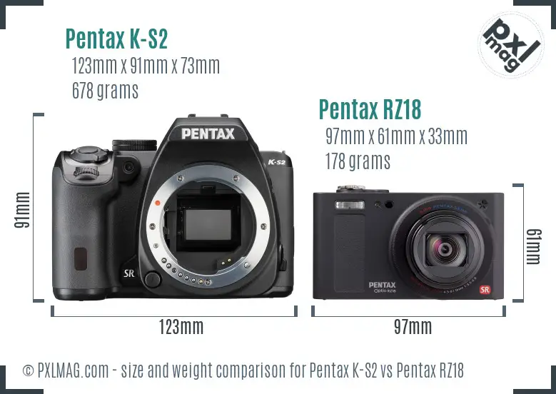 Pentax K-S2 vs Pentax RZ18 size comparison