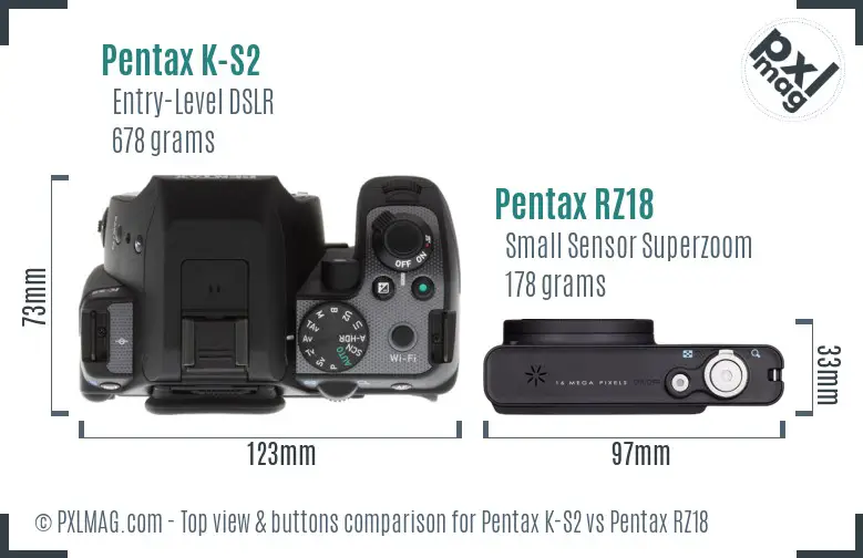 Pentax K-S2 vs Pentax RZ18 top view buttons comparison