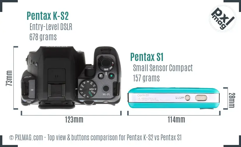 Pentax K-S2 vs Pentax S1 top view buttons comparison