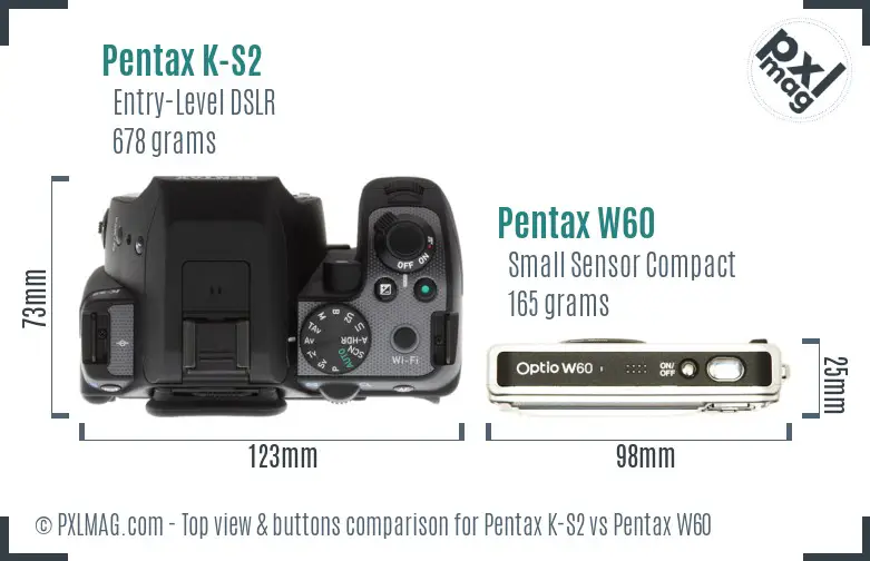 Pentax K-S2 vs Pentax W60 top view buttons comparison