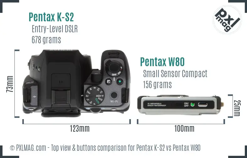 Pentax K-S2 vs Pentax W80 top view buttons comparison