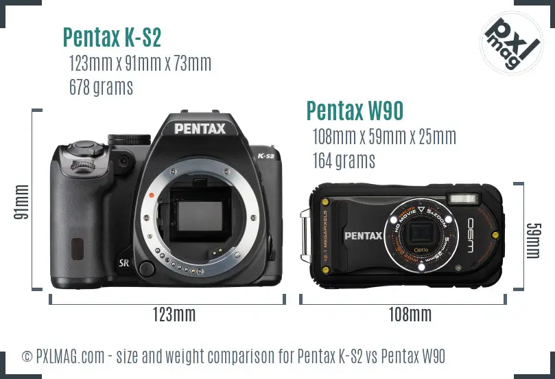 Pentax K-S2 vs Pentax W90 size comparison