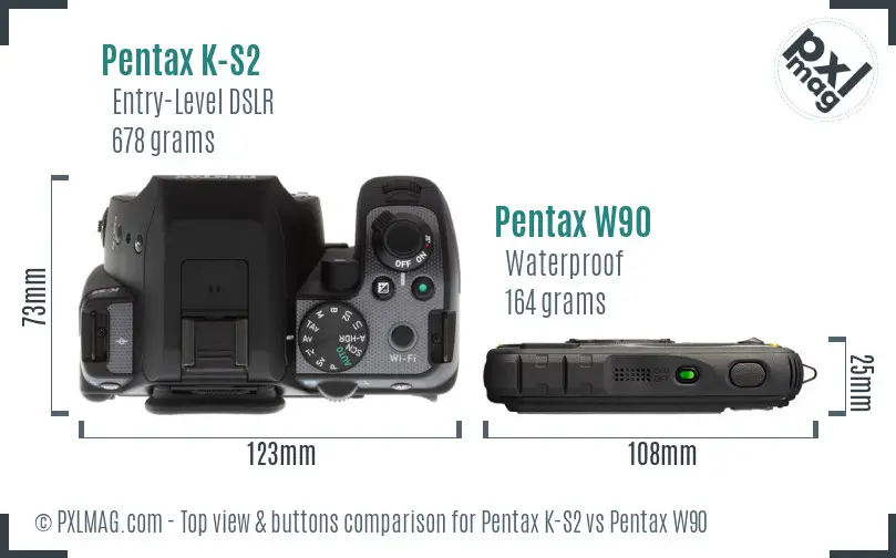 Pentax K-S2 vs Pentax W90 top view buttons comparison