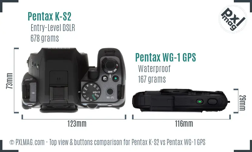 Pentax K-S2 vs Pentax WG-1 GPS top view buttons comparison