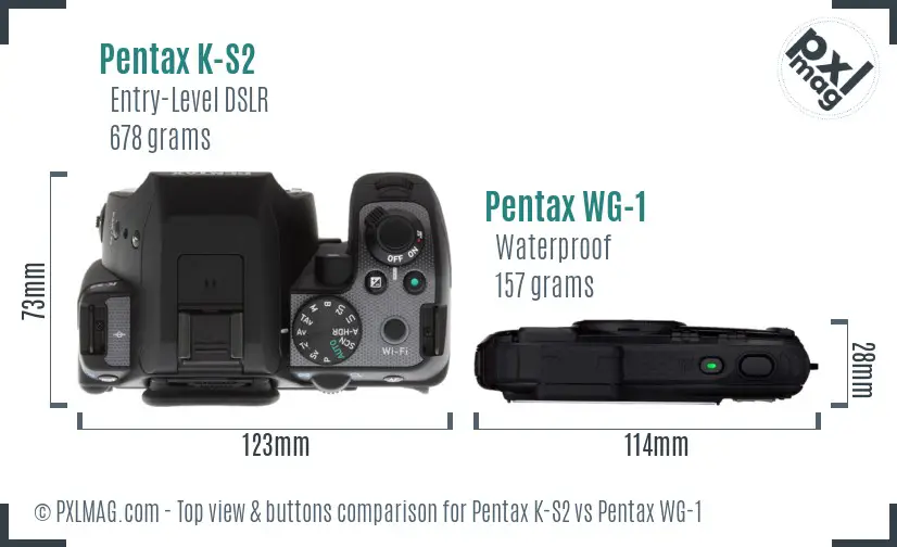 Pentax K-S2 vs Pentax WG-1 top view buttons comparison