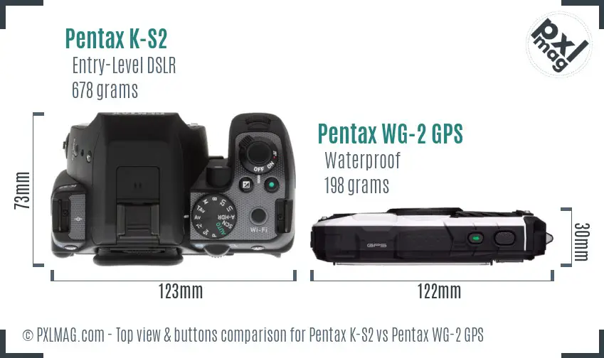 Pentax K-S2 vs Pentax WG-2 GPS top view buttons comparison
